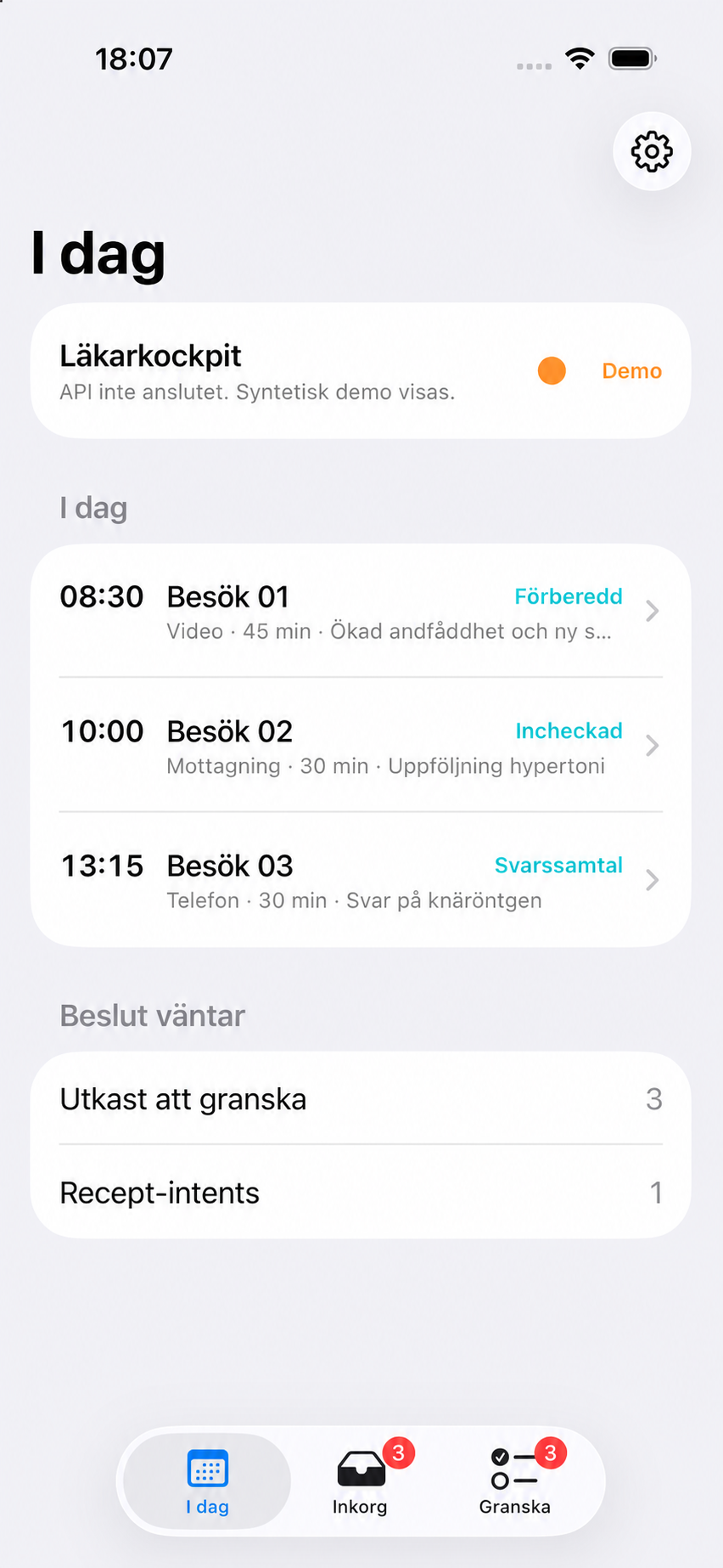 Anonymiserad syntetisk mobilvy med dagens besök och granskningskö
